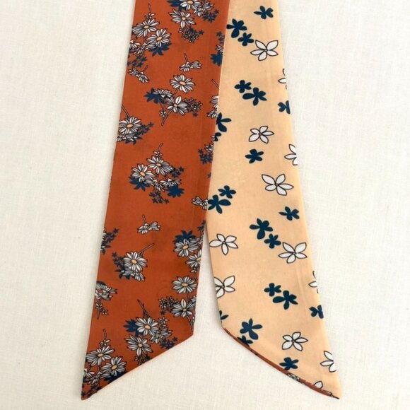 Slim Scarf 34in Rust and Cream Floral Duo Print 2 Sided Neck Hair Bag Wrap No39 - Picture 4 of 9